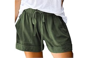 Shffuw Linen Shorts Women Ladies Solid Colour Drawstring with Pockets Elastic Waist Loose Casual Pants Summer Clothes Cotton Beach Walking Shorts for Women UK
