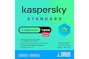 Kaspersky Standard Anti-Virus 2025 | 3 dispositivi | 1 Anno +3 Mesi Gratis | Sicurezza avanzata | Protezione delle operazioni bancarie online | Ottimizzazione delle prestazioni | Attivazione e-mail