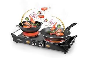 Duronic HP2 BK elektrisk värmespis 1 500 W | 20 och 15 cm dubbel gjutjärnspanna | ergonomiska handtag | justerbar termostat