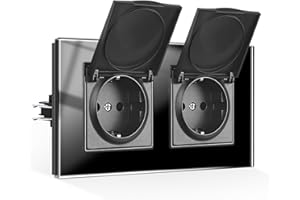 CNBINGO Wodoszczelne Podwójne Gniazdko Z Pokrywą Na Zawiasach - Podtynkowe Z Pazurami, Czarne Szkło, Zestyk Ochronny, Ścienne, 1-Krotne, 16 A, 250 V
