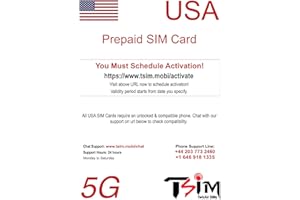 TSIM Carte SIM américaine prépayée. Appels entrants et sortants illimités | Autorisation de données 5G ultra haut débit autorisée. Hotspot/Tethering/Partage Internet autorisé. (illimité x 1 mois)