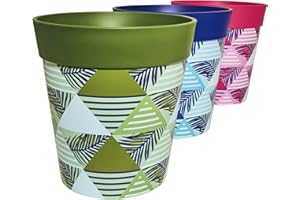Hum Flowerpots, 22 cm, Lot de 3, Divers Motifs, Coloris et Tailles, Pots de Fleurs en Plastique Intérieur/Extérieur Géométrique Multicolore
