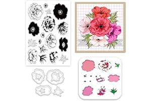 INFUNLY Anemone Clear Stamps and Dies Set Anemone Flowers Painting Stencils Layered Flowers Stamps and Cutting Dies Leaves Silicone Stamp Anemone Wall Stencils for DIY Craft Scrapbooking Home Decor