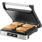 Olvy Grill de Contacto Digital 3 en 1 con Placas Antiadherentes, Panini Maker, Apertura 180&deg;, Temperatura Ajustable, Temporiz