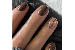 CEBOIC 24 Pièces Français Faux Ongles Court Carrés Feuilles Brunes Ongles à Coller Naturel Acrylique Couverture Complète Press on Nails Brilliant Ballerine Faux Ongles Autocollants pour Femmes et Filles