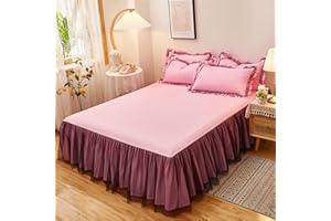 Odot Solide Farbe Bettrock Rüschen, Spannbettlaken mit Volant Elastische Bettvolants Matratzenschoner Spannbetttücher Spannbetttuch Bettlaken für Boxspringbetten (180x200cm,Rosa 1)