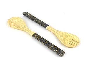 Jungle Culture® Ensaladera grande de bambú • Pinzas de madera natural con asas de estilo terrazo negro • Vajilla de ensalada de frutas y madera • Juego de cubiertos de cuchara y tenedor