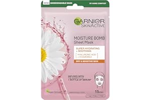 Garnier Moisture Bomb Chamomile And Hyaluronic Acid Sheet Mask, Hydrating & Soothing Face Mask, For Sensitive Skin, Biodegradable And Vegan Tissue, 28 G