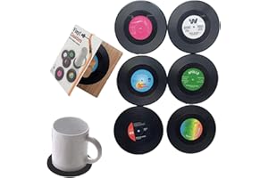 WASUQO 6er Set Retro Vinyl Record Glasuntersetzer mit langlebigem und rutschfestem Design, Mit Sockel und einzigartigem Etikett， untersetzer Geeignet für Bar, Café, Zuhause, Party, Büro
