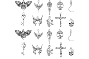 Stiesy 50Pcs 10 Styles Skull Charms - Antique Silver Tibetan Style Skeleton Halloween Gothic Butterfly for Jewelry Making DIY Crafts
