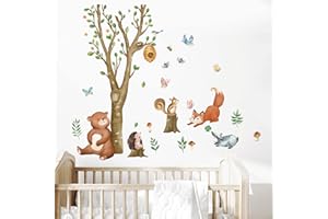 wondever Tatuaż ścienny zwierzęta leśne drzewo naklejka ścienna niedźwiedź lis, wiewiórka naklejka ścienna dekoracja ścienna do pokoju dziecięcego niemowlęcego