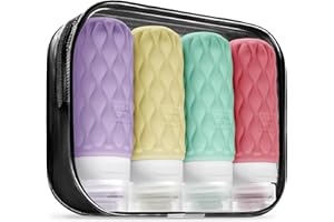 LERICTTOR 4 Pezzi Kit Bottiglie da Viaggio in Silicone con etichette, Set di Bottiglie da Viaggio 100 ml con Borsa da Toilette, Contenitori da Viaggio a Tenuta Stagna per Shampoo e Balsamo