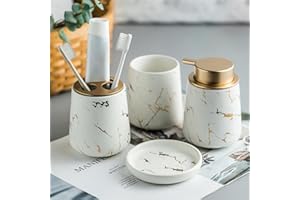 FORIDE 4-teiliges Badezimmer-Zubehör-Set aus Keramik und Marmor, Badezimmer-Zubehör, inklusive Seifenschale, Seifenspender, Pumpe, Becher, Zahnbürstenhalter (matt weiß (4 Stück)