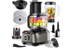 YASHE Procesador de Alimentos Multifuncional, 2,5L Bol & 1,5L Jarra, Batidora, Grinder, Exprimidor, Amasadora, Picadora, Cortadora & Ralladora, 3 Velocidades + Pulse, Bloqueo de Seguridad, 1300W