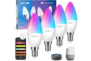 Lepro BC1 IA Ampoule Connectée E14, Concepteur d'Éclairage IA Personnalisé, Compatible avec Alexa et Google Assistant, C37 WiFi et Bluetooth, Multicouleurs RGBCCT, Contrôle Vocal, Music Sync, 4 PCS