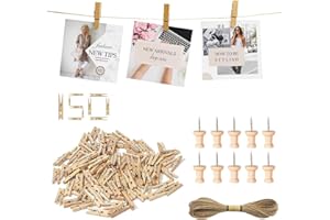 Jogoico 150 Pezzi Mollettine Legno Piccole 2,5 cm, Mini Mollette da Bucato in Legno Decorative per Foto con 10 Pioli e Corda di Iuta per Cartoline, Matrimonio, Festa, Scrapbooking DIY, Natale
