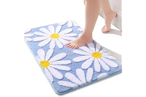 QJHOMO Blue Bath Mat White Flower Rug 40 x 60 cm, Non Slip Bath Mats for Bathroom, Soft Microfiber Bathroom Mat, Machine Washable Rug Durable Bathmat, Super Absorbent Floor Mat for Shower