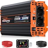 Inverter 12V 220V-230V Pure Wave 1500W DC AC Voltage Transformer with Remote Control &amp; 2 AC Outlets &amp; USB Port for Car Truck