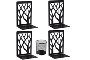 Book Ends, Bookends Heavy Duty, Aileese Book End Holder for Shelves, Metal Bookend (Black 2 Pair) for School and Office, Decorative Tree Unique Design Book Stopper for Gift, Book Binder and Dividers