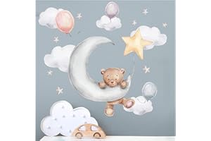 WANDARO Little Deco Wandtattoo Bär Mond Luftballons Wandsticker Tiere Teddybär Kinderzimmer Wandaufkleber für Babyzimmer Schlafzimmer Deko DL871-5