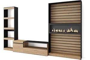 Skraut Home | Wohnwand Wohnzimmer | Wohnzimmermöbel, Möbelset | 320x186x35cm | Elektrokamin. Maße | Moderner Stil | Eiche Schwarz