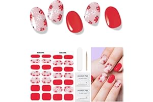 DUKASOU Semi Cured Gel Nail Strips, 28 pcs Gel Nail Stickers Work with Any UV Lamp, Long Lasting UV Polish Strips Wraps, Salon Quality, Easy to Apply（Flower Red）