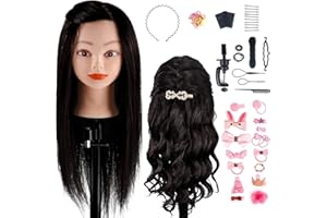 TwoWin 18" 45cm Trainingsköpfe 100% Echthaar Schwarz Kosmetologie Puppe Friseur Training Modell Mannequin Kopf mit Halterung, DIY Haar Zubehör Styling, Geeignet zum Glätten Locken Dauerwelle