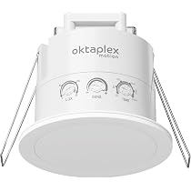 Oktaplex Set Da 2 Rilevatori Di Movimento A Soffitto 360° HF – Sensore Piatto Ultra-sottile 22 Mm, Portata Regolabile 2-16 M, Crepuscolare Integrato, 230V, Bianco, Adatto A LED E Lampade Fino A 2000W