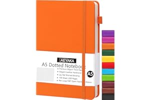 AEYAKA Carnet de Notes A5 Pointillé Bullet Journal Dotted A5 Couverture Rigide et Fermeture élastique Porte-stylo Étui en Cuir PU Papier épais 80 g/m², 15 x 21 cm (Pointé, Orange)