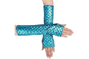 GRANVOO Fingerlose Handschuhe Meerjungfrau Damen, Glänzend Fischschuppen Gedruckt Lange Handschuhe, Mädchen Halb Fingerlose Arm Ärmel für Bühne Leistung Fasching Partei Kostüm Zubehör