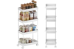 GOOPOOL Carrellino Cucina 4 Livelli, Carrello Bagno Salvaspazio Carrello Portaoggetti Ruote, Carrello multifunzione da cucina Carrello Organizer per Lavanderia, Blanc