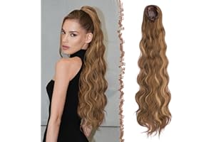FESHFEN Ondulés Queue de Cheval Extension avec Cordon, 75cm Longue Ponytail Cheveux Naturel Peigne Clip in Postiche Cheveux Synthétique Brun Mélangé au Blond Miel Extension Cheveux pour Femmes