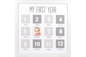 Pearhead My First Year Photo Moments Baby Keepsake Picture Frame, Baby’s First Year Photo Frame, Mother’s Day Accessory, Gender-Neutral Baby Milestone Nursery Décor, White and Gray