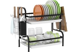 BAODAN 2 Tier Dish Drying Rack, Anti Rust Dish Drainer Rack with Drip Tray - Black Dish Rack Kitchen with Removable Cutlery Holder