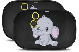 CARAMAZ Tendine Parasole Auto Bambini Nere Elefante - Parasole Bambini Accessori Auto,2 Pezzi 51x31cm, Tende da Sole per Esterno, Protezione Solare Raggi UV