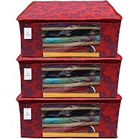 Kuber Industries Metalic Flower 3 Piece Non Woven Saree Cover Set, Large, Red