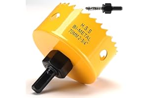 FASTDEPLE Scie cloche, 70mm, Scie Trépan avec adaptateur hexagonal et embout central, Bi-métal HSS M42, pour bois, plastique, aluminium, plaques de plâtre, Jaune