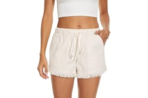 HVEPUO Short d'été, large, pour femmes, en coton et lin, avec ceinture élastique