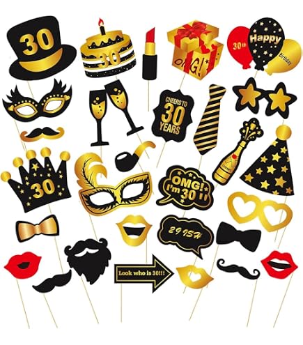 31 Pièces Accessoires Photomaton Anniversaire 30 Ans - Kit Photo Or Noir Avec Chapeau, Rouge à Lèvres Et Cravate