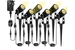 SPURLEH 98.4FT Garden Spike Lights Mains Powered Waterproof 6 in 1 Outdoor Garden Spot Lights Garden Lights Garden Uplighters with BS Plug 12V Warm White Garden Spotlights IP65 Ideal for Garden, Wall, Path