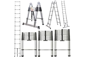 YIYAI Échelle Télescopique 5m / 2,5+2,5m en Acier, Bricolage Escabeau Telescopique Pliable Extensible avec Stabilisateur, Échelle Multifonction Ladder - Charge maximale : 150 kg