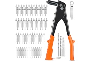 TIAZHAN Rivet Gun, Pop Rivet Gun Kit, Professional Heavy Hand Riveter with 120Pcs Metal Rivets in 4 Sizes 3/32 inch, 1/8 inch, 5/32 inch, 3/16 inch, 4 Replaceable Nozzle for Metal for Metal Plastic Leather