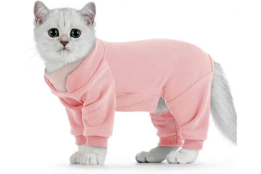 Hjumarayan Cat Onesie, Cats Recovery Suit, Cat Overgrooming Suit with Legs, Sticky Hair Suit Post Surgery, Full Coverage Warm Fleece Dress to Stop Licking, Pink M