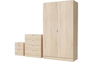 Nera 3 Piece Bedroom Furniture Set Wardrobe Chest of Drawers Bedside Table Set Bedroom Furniture Sets for Storage (Sonoma Oak)