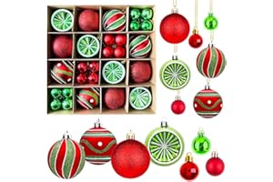 BUKBAS Weihnachtskugeln Kunststoff Christbaumkugeln, 44 Stück Christbaumkugeln Weihnachtsbaumkugeln Set, Weihnachtskugeln Grün & rot, Weihnachtsbaumschmuck Kugeln, Weihnachtsdeko Home Decoration