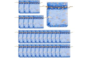 LJFEA 30 bolsitas de organza 7x9 cm, bolsas con cordón, multicolor para Navidad, bodas, cumpleaños, fiestas (estampado en caliente azul)