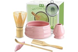 JBER Matcha Besen Set, Matcha Set Rosa 7-Teiliges - Matcha Besen und Besenhalter, Matcha Schale mit Auslauf, Sieb, Löffel und Halter, Japanisches Matcha Tee Set für Matcha-Liebhaber - Pink