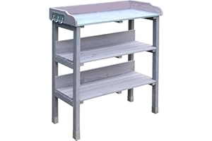 Garden Gear 3-Tier Wooden Potting Table with Galvanised Steel Worktop Outdoor Gardening Work Station with Galvanised Foot Pads 92cm Height