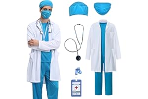 BuzzoXerex Kostium lekarza, męski kostium lekarza, kostium na karnawał, dla dorosłych, zestaw z fartuchem lekarskim, maską lekarską, górną częścią, spodniami i stetoskopem na karnawał, Halloween