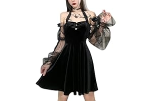 DINGJIUYAN Gothic Dress Women Halter Off Shoulder Sheer Long Puff Sleeve Backless Dress Halloween Velvet Vintage Dresses
